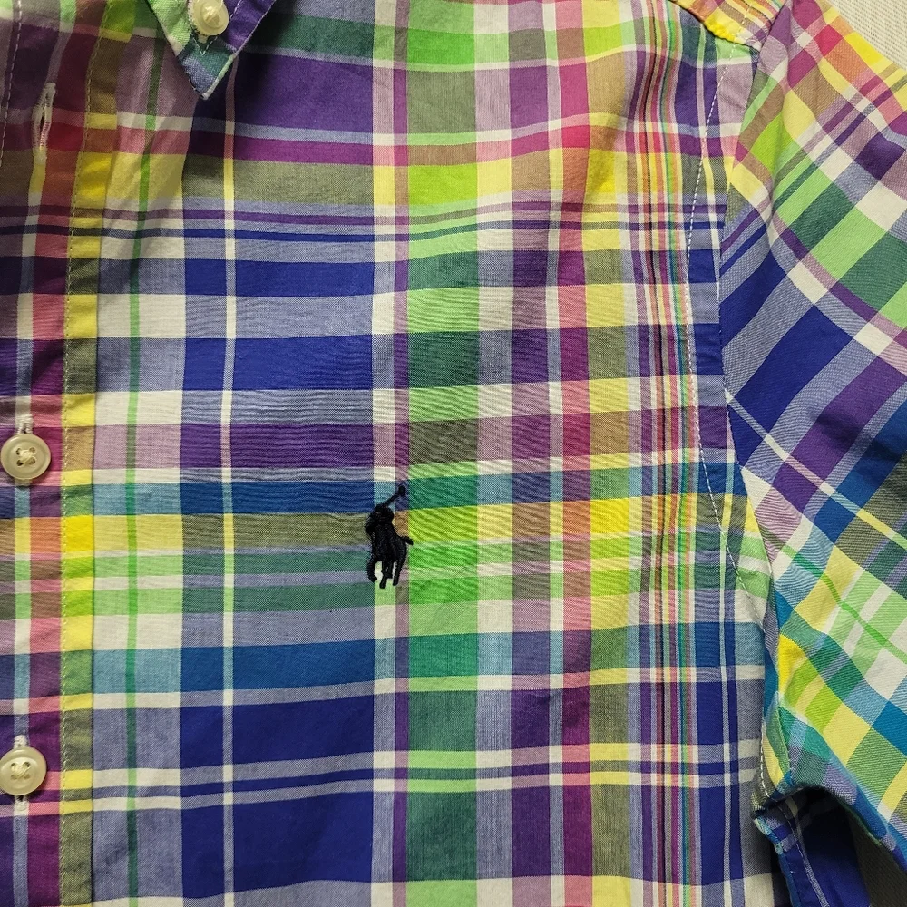 Ralph Lauren Boys Short Sleeve Button Down Yellow Blue Green Plaid Medium 10-12
